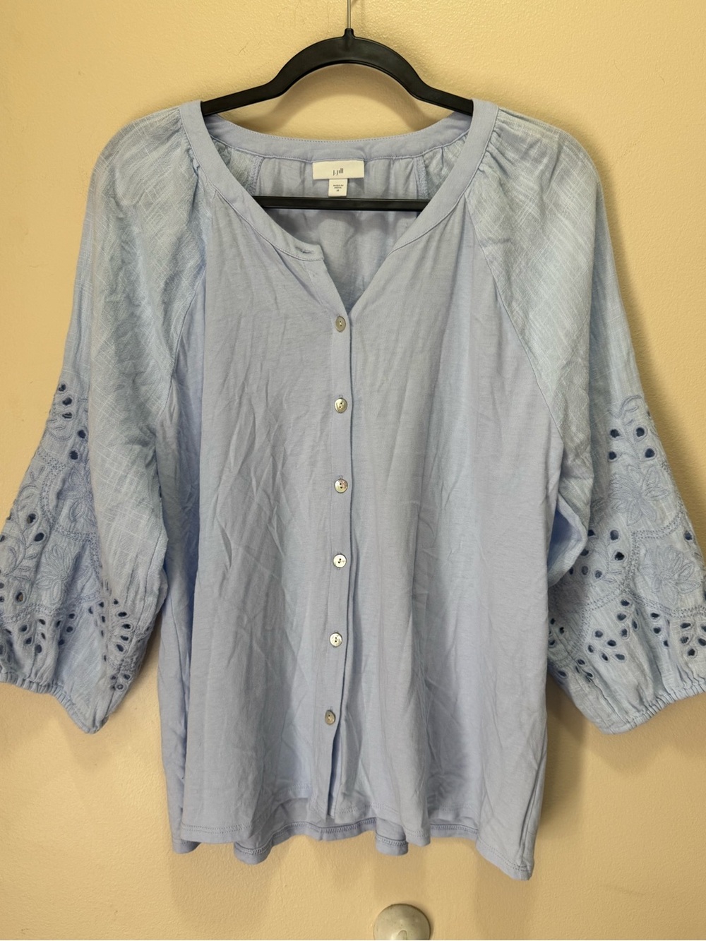 J.Jill Placed-Eyelet Mixed-Media Top in the color Cool Water